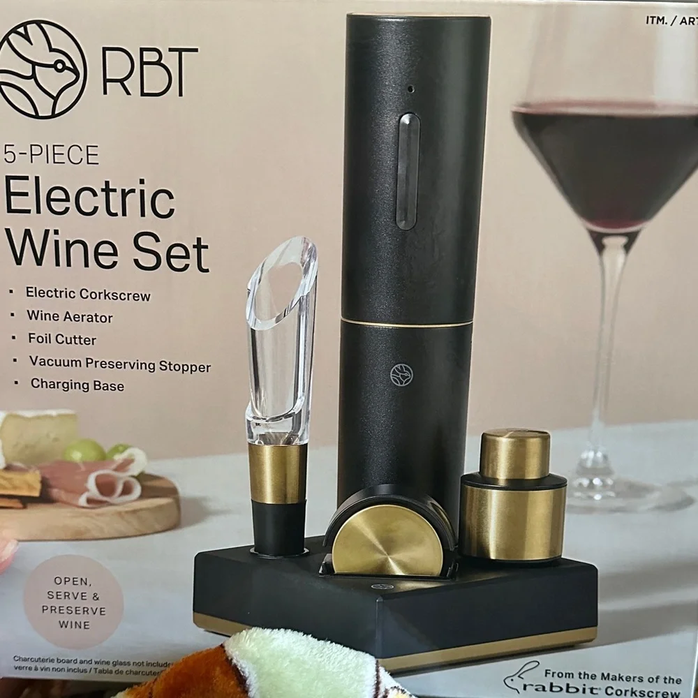 Electric Wine Set - Black & Gold 5-Piece Wine Tool Kit